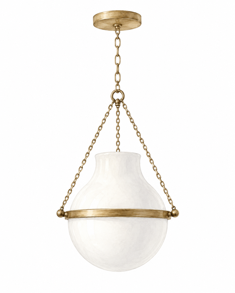 Opal glass globe pendant with aged brass details