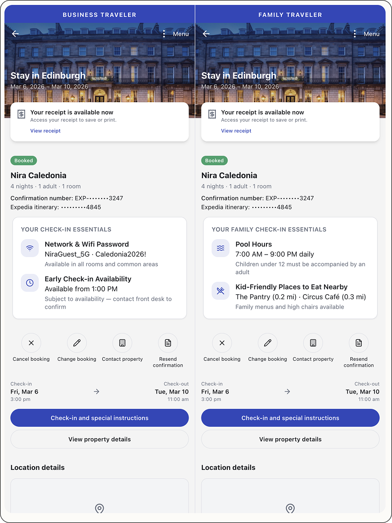 side by side comparison of business traveler and family traveler outputs