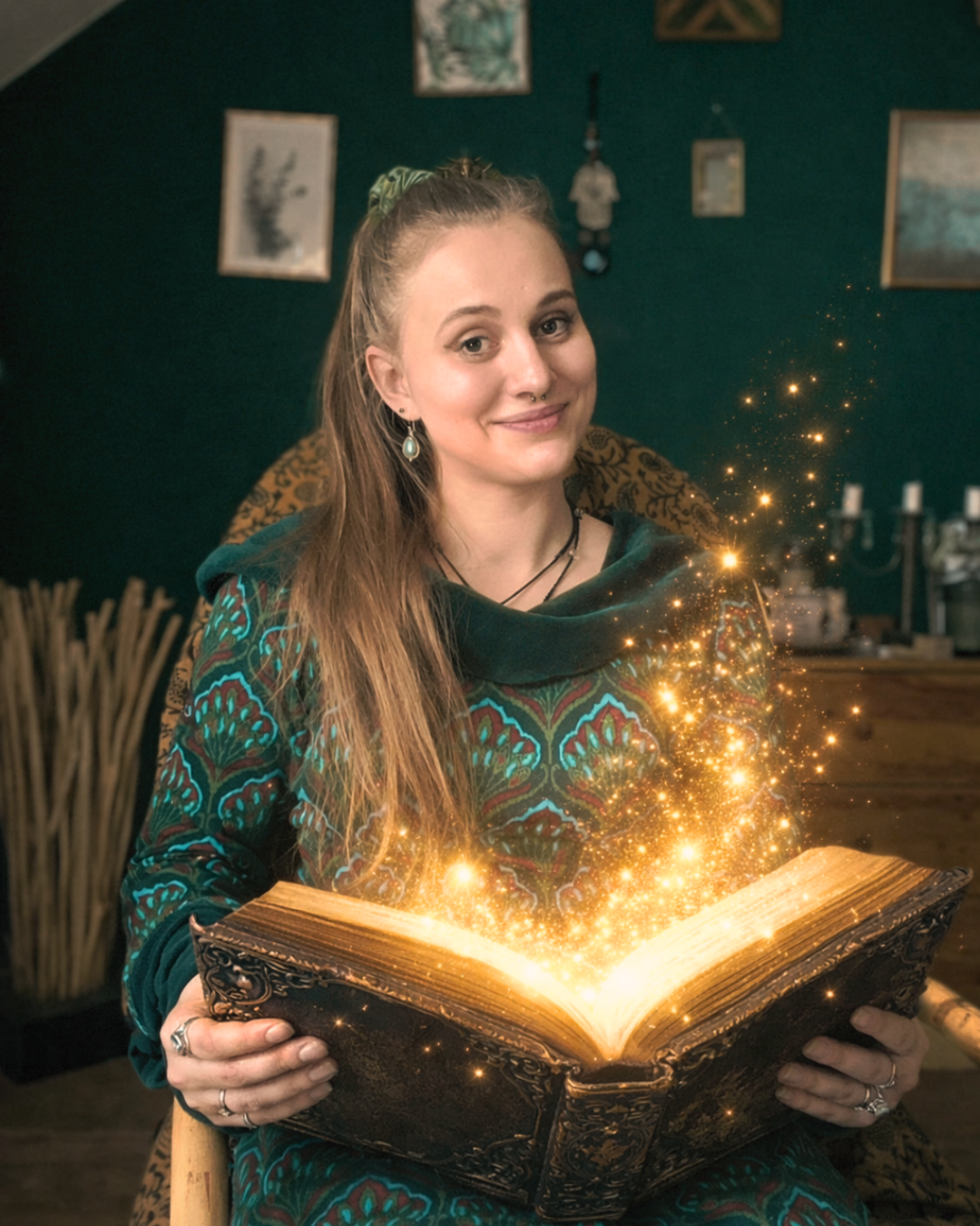 Eine junge Frau sitzt in einem Raum mit dunklen Wänden, hält ein altes, aufgeschlagenes Buch in den Händen und schaut lächelnd in die Kamera. Das Buch scheint magisch zu glühen und funkelnde Sterne steigen daraus auf.