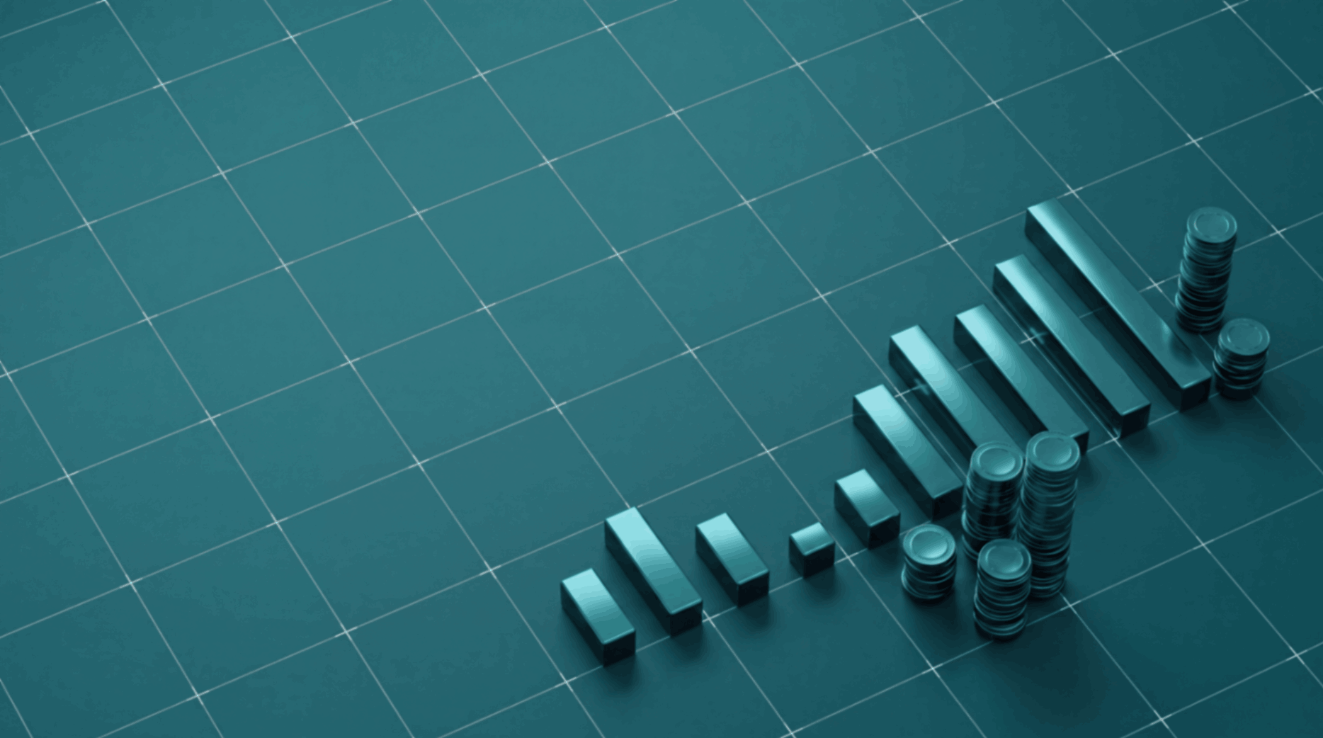 A digital bar graph made of metallic bars and coins on a grid background, illustrating financial growth or data trend.