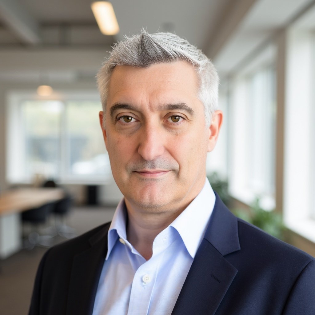 Headshot of a middle-aged man with gray hair, wearing a dark suit and light blue shirt in a modern office setting.