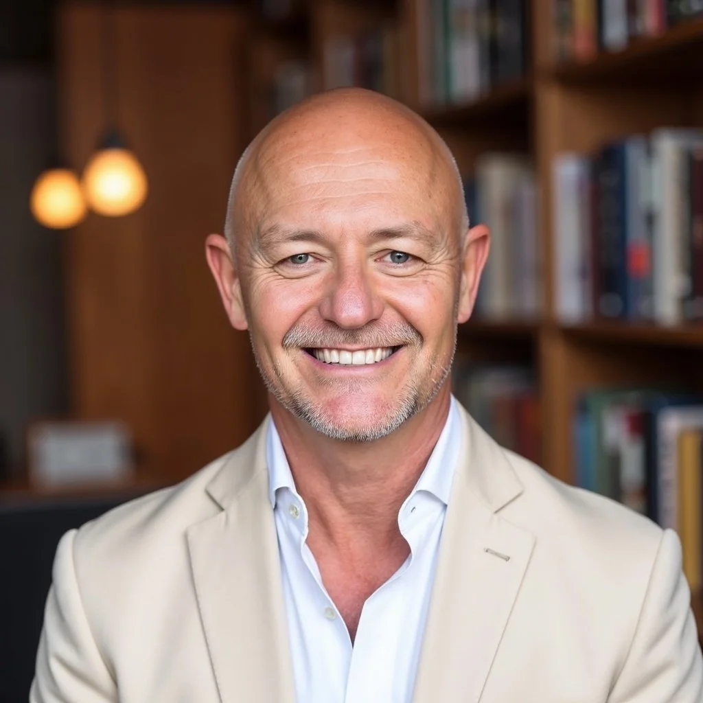 A smiling middle-aged man with a shaved head, blue eyes, and a light beard, dressed in a light-colored blazer and white shirt, standing in front of a wooden bookshelf in a warmly lit room.