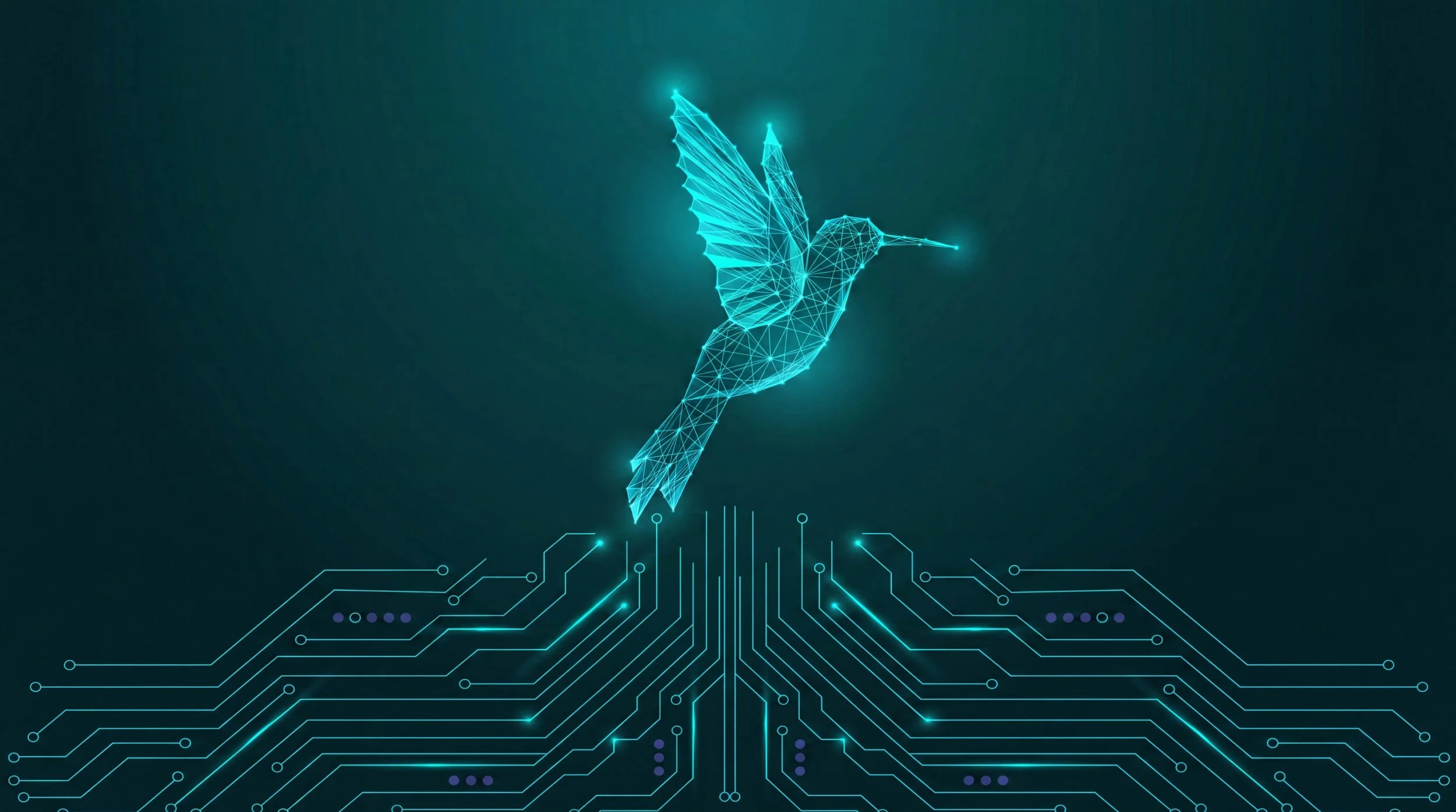 Digital illustration of a glowing, polygonal hummingbird with outstretched wings, hovering above a circuit board pattern.