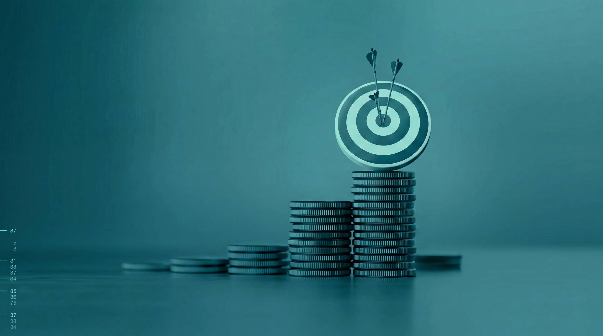 A stack of coins with a target symbol on top, with three darts hitting the bullseye, representing financial or investment success.
