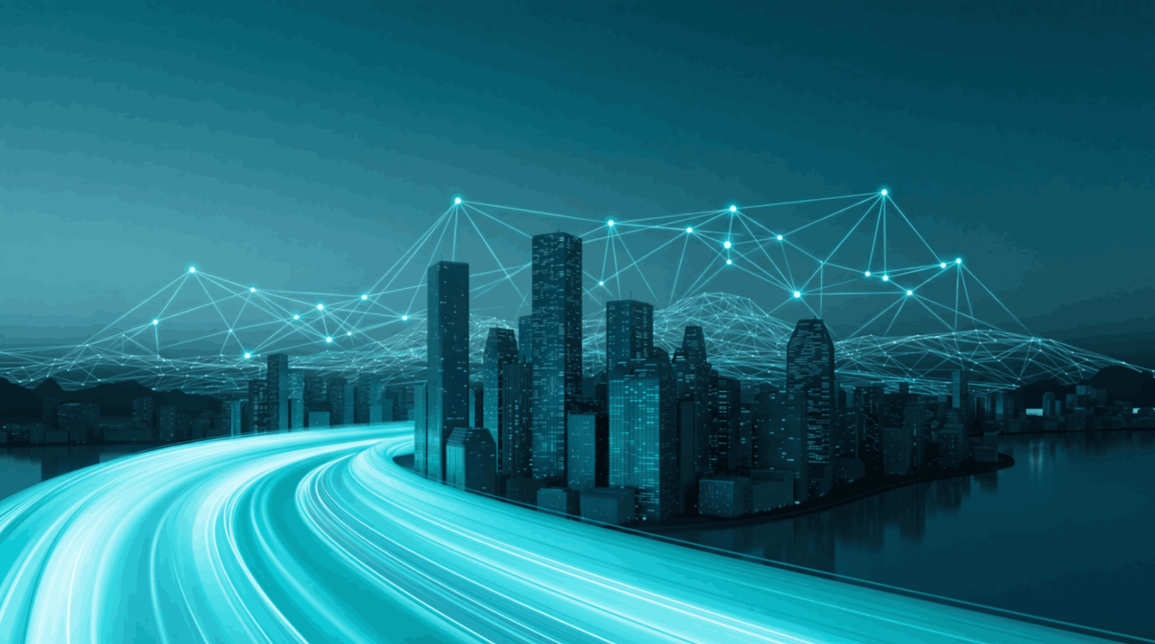 Futuristic cityscape with skyscrapers and digital light network overlay, highways with light trails, representing a smart city concept.