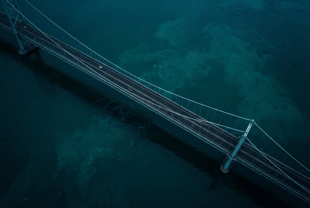 An overhead view of a bridge crossing over a body of water.