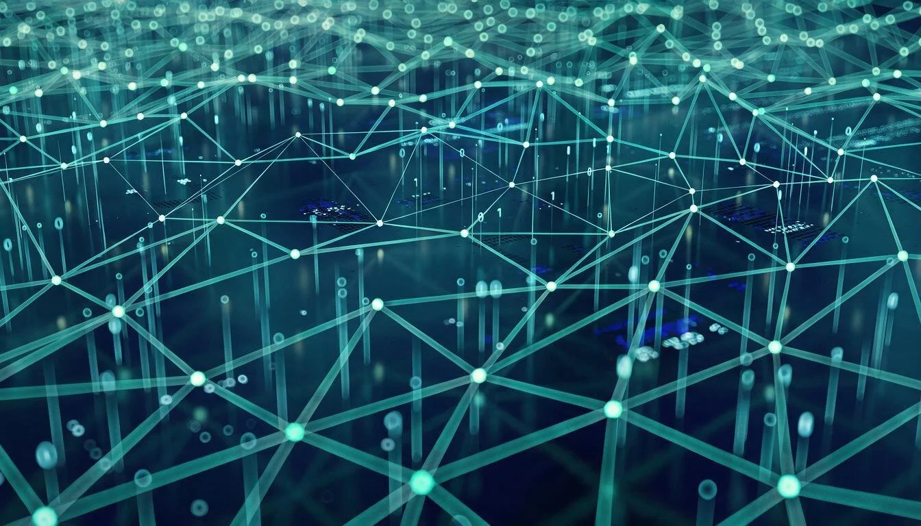 Digital network of interconnected glowing lines and dots forming a complex web, with a dark background and bright points of light.