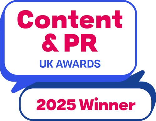 A graphic with the text "Content & PR UK Awards 2025 Winner" in pink and blue fonts on a white background.