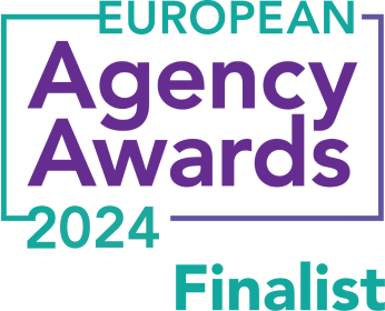 European Agency Awards 2024 finalist logo in purple and teal.
