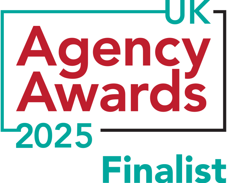 Logo for the UK Agency Awards 2025 with a black background, red text for 'Agency Awards', teal text for 'UK' and '2025', and teal text for 'Finalist'.