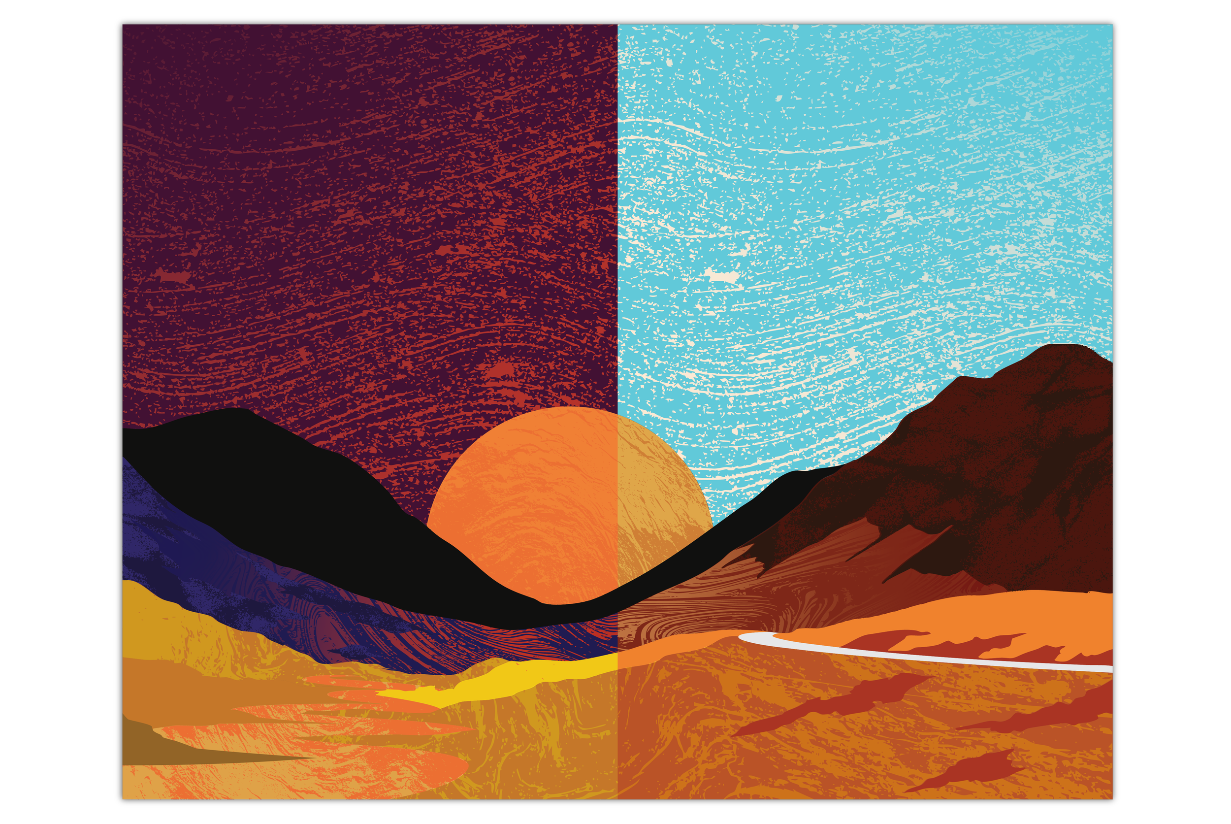 The full Blind Summit Macallan artwork depicting a stylized landscape with mountains, a setting sun, and abstract patterns in the sky split into two contrasting color schemes.