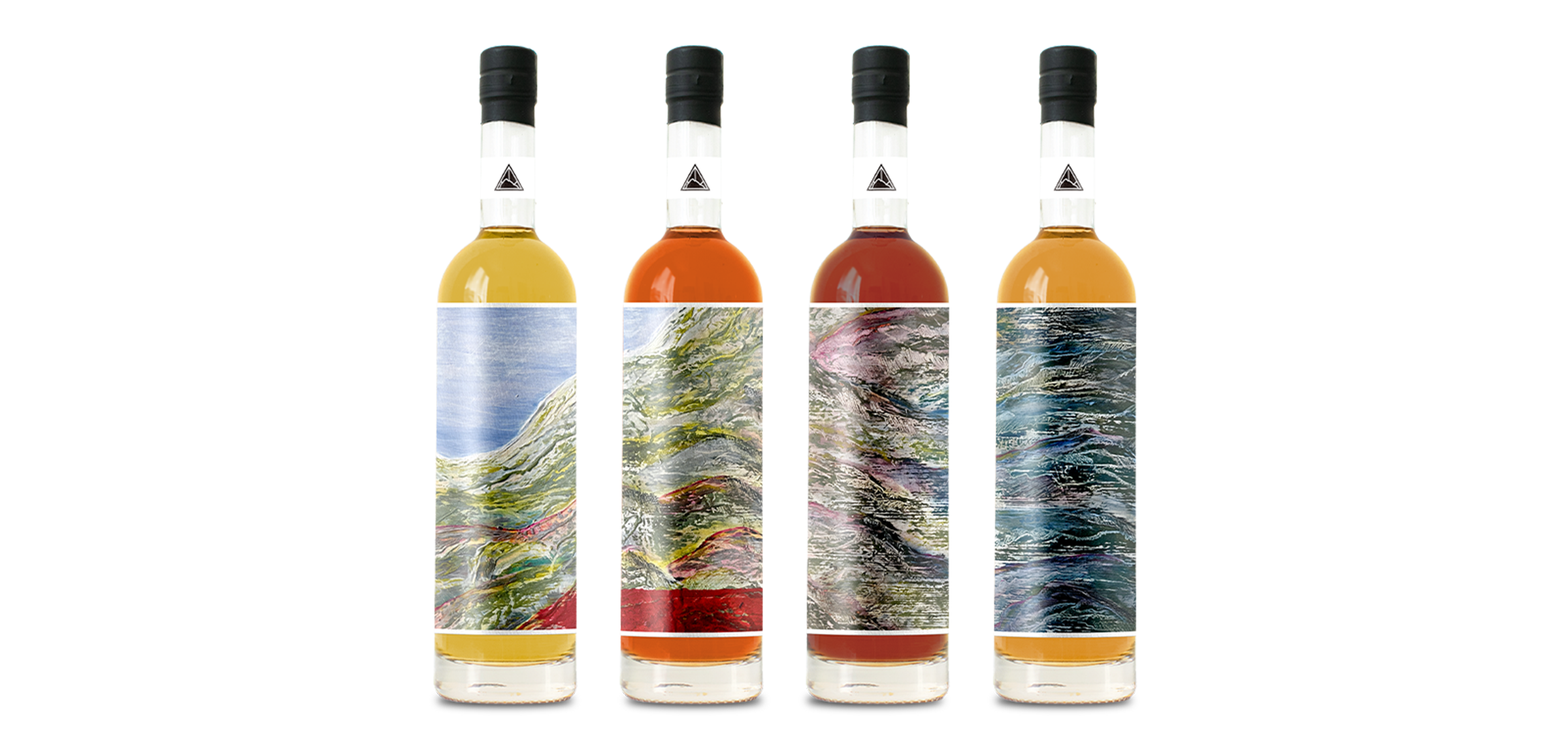 Four bottles of champagne with artistic landscape labels, black caps, clear glass, lined up against a plain background.