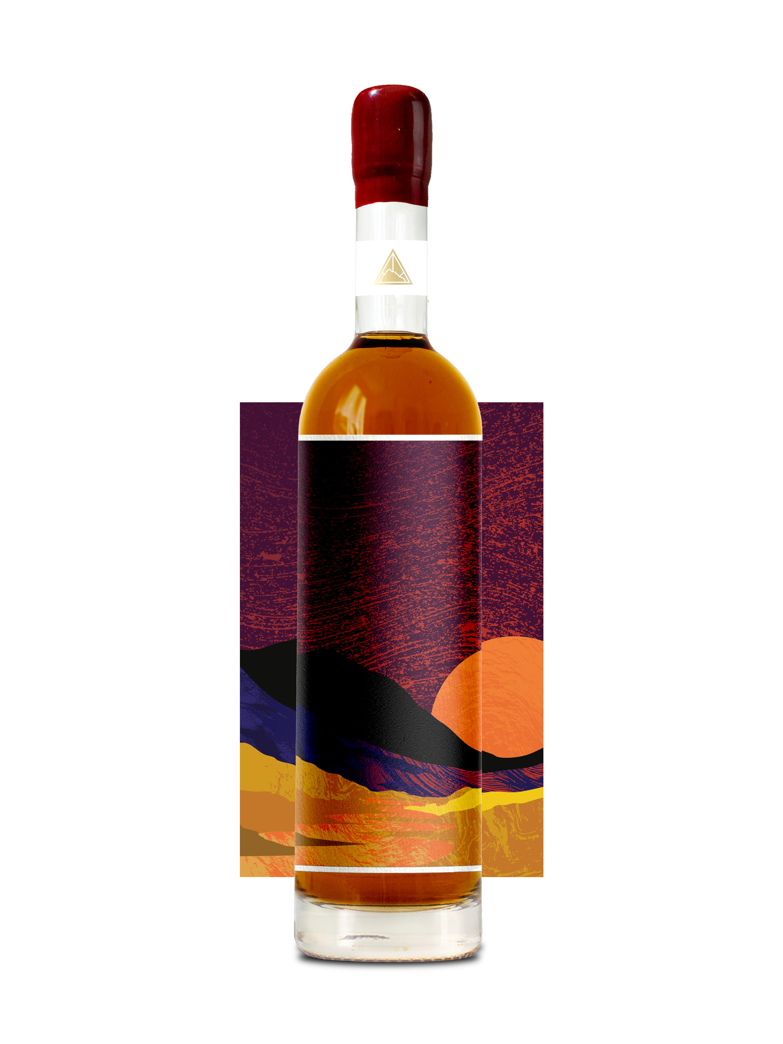 A bottle of Blind Summit Macallan showcasing the artwork for the Barbados Rum finish. The artwork is deep purples, reds and oranges with golden and yellow mountain elements.