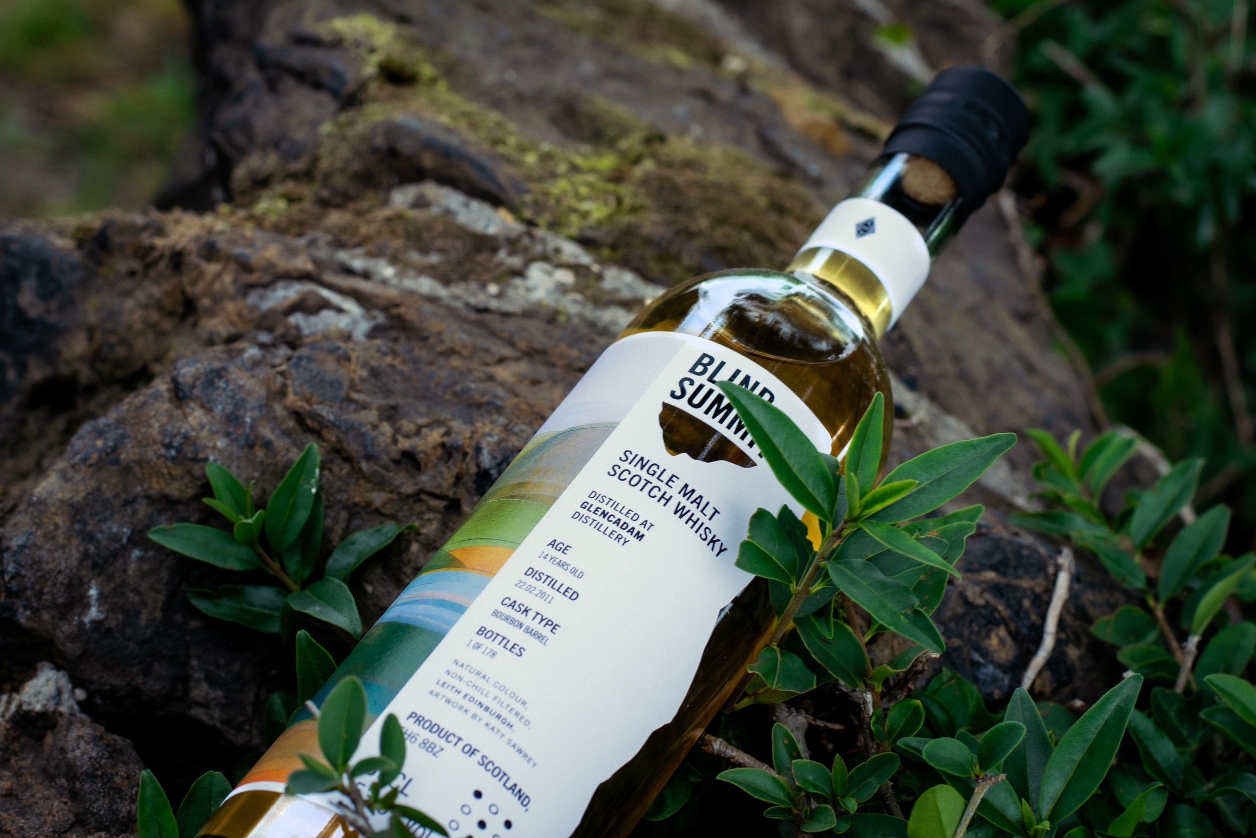 A bottle of single malt Scotch whisky lying on the ground among green plants and mossy rocks, with the label visible displaying details about the whisky.