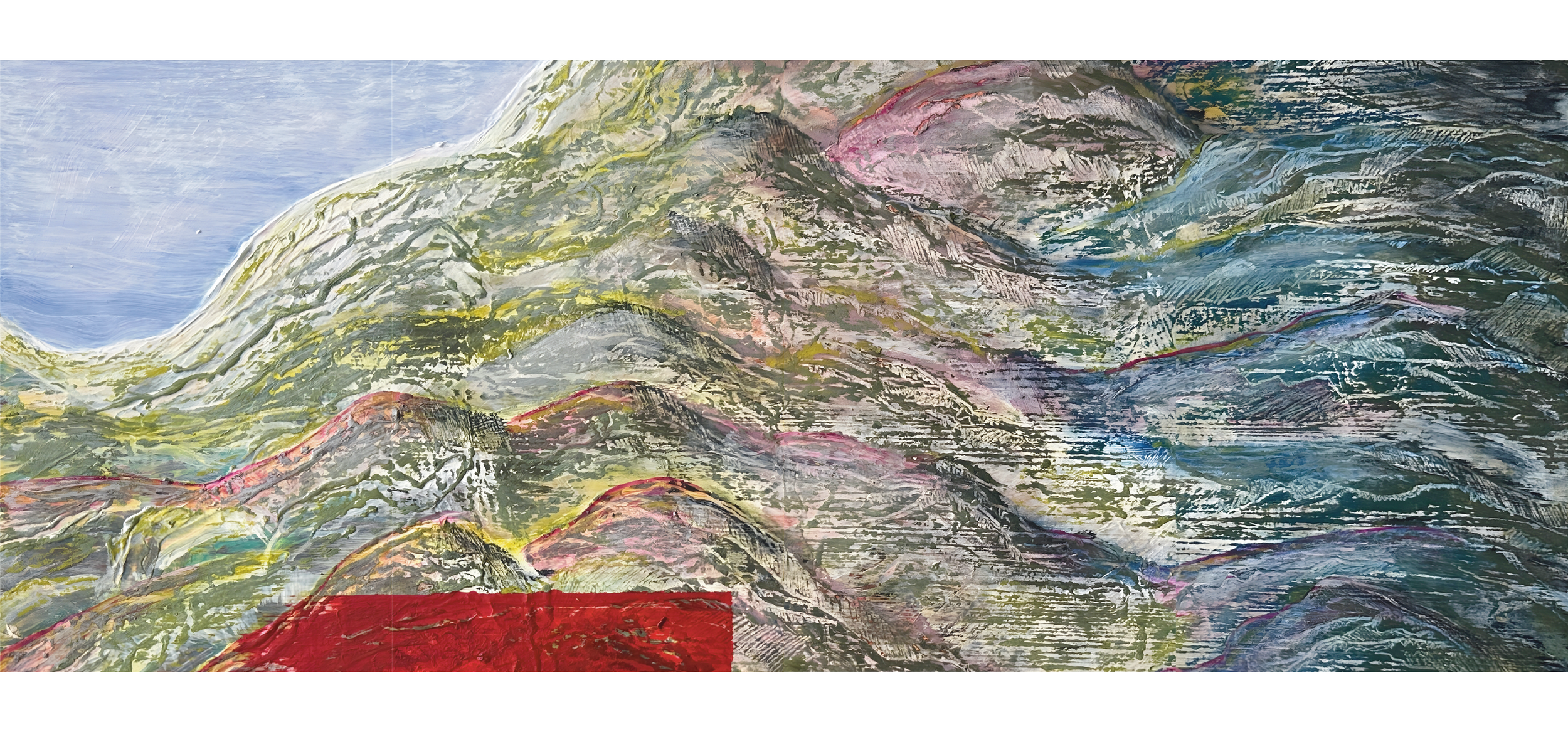 Abstract painting of mountainous landscape with textured, layered brushstrokes in greens, pinks, blues, and blacks, with a red rectangle in the lower left corner.