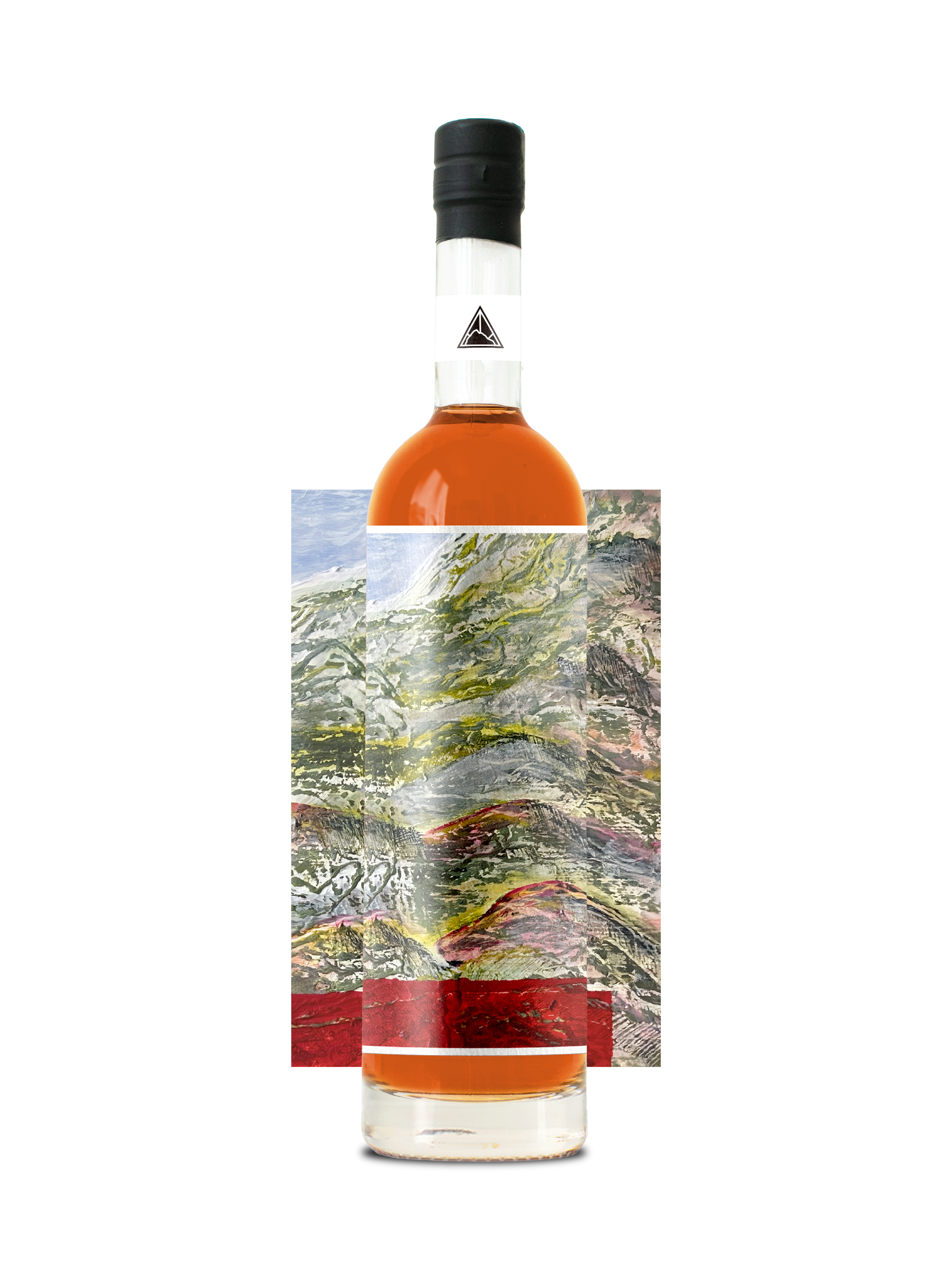 A glass bottle of liquid with a black cap, containing an orange liquid, with a mountain landscape on the label, and the mountain landscape is also on the background.