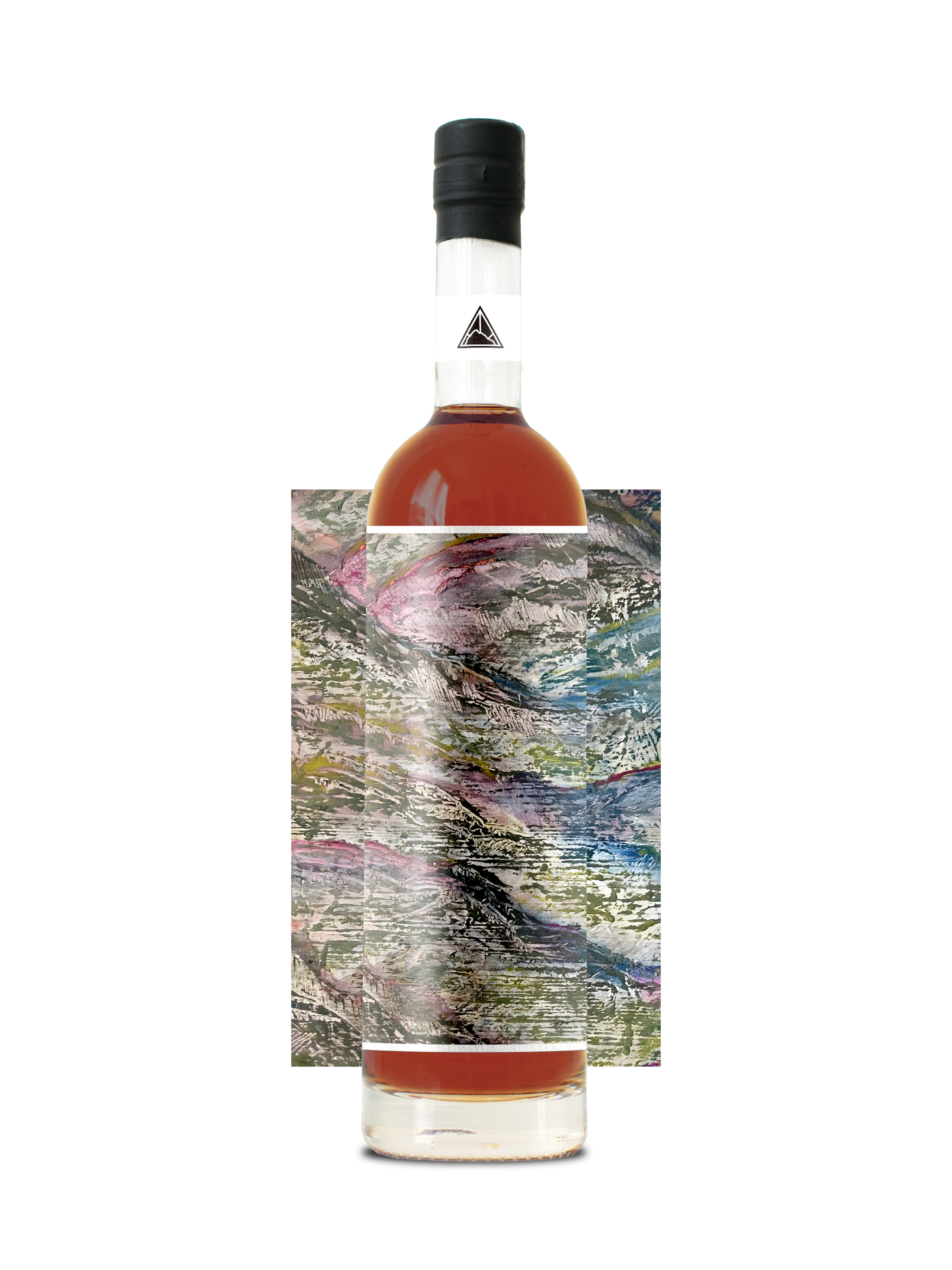 Glitched image of a bottle of whisky with a unique scottish artist painted label, containing a reddish-brown liquid, with a background of distorted colorful horizontal lines.