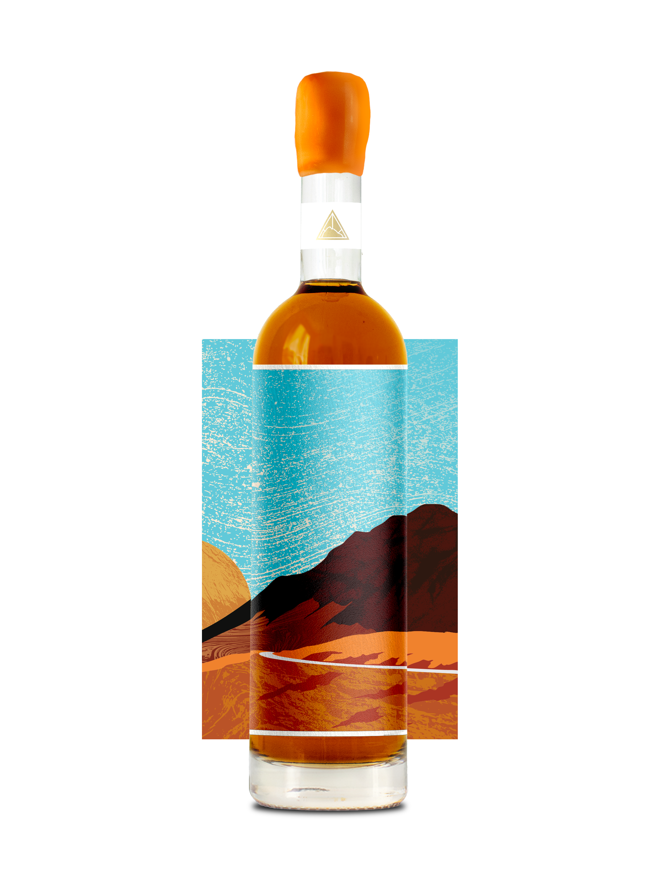 A bottle of Blind Summit Macallan showcasing the artwork for the Rivesaltes Wine finish. The artwork is a vibrant blue with deep maroon mountains and vibrant orange foreground.