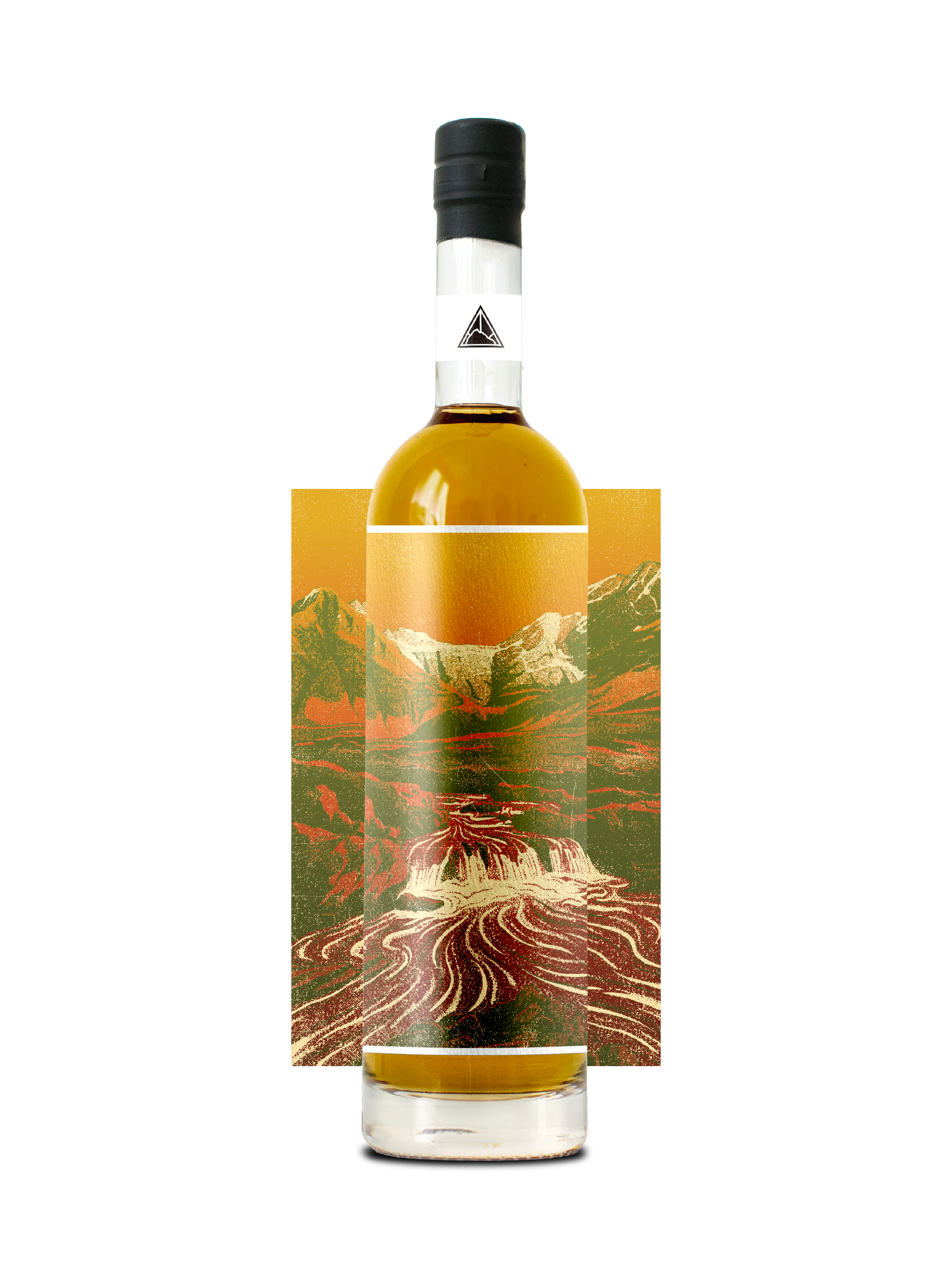 A glass bottle of liquid with a black cap, containing an orange liquid, with a mountain landscape on the label, and the mountain landscape is also on the background.