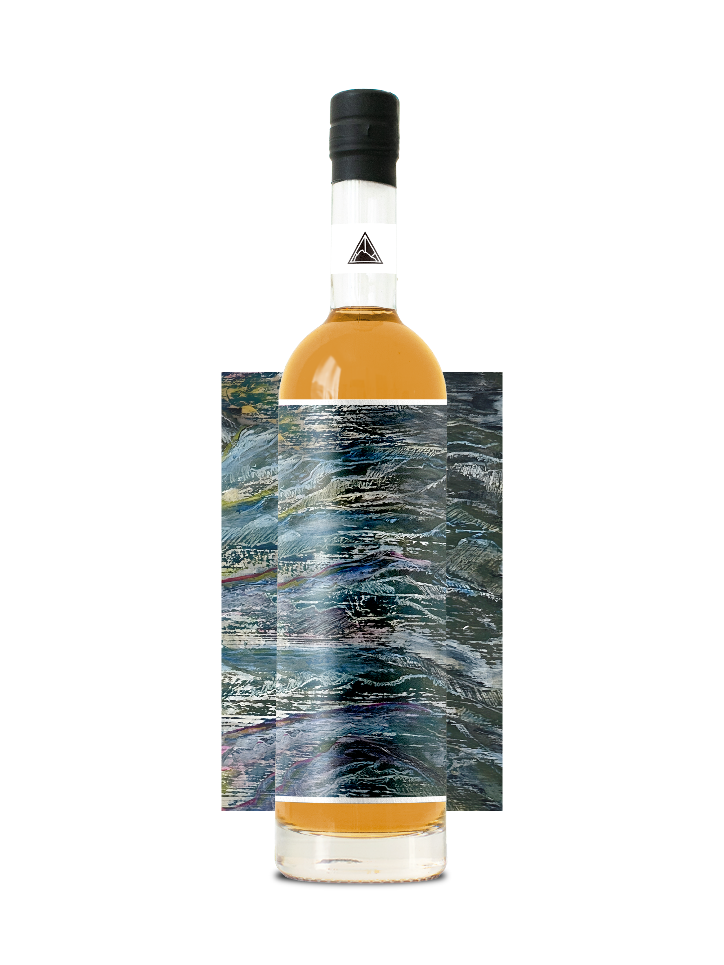 A bottle of whiskey with a black cap, a white label with a warning symbol, and a brown liquid inside. The bottle has an abstract, distorted reflection of a natural landscape with water and mountains.