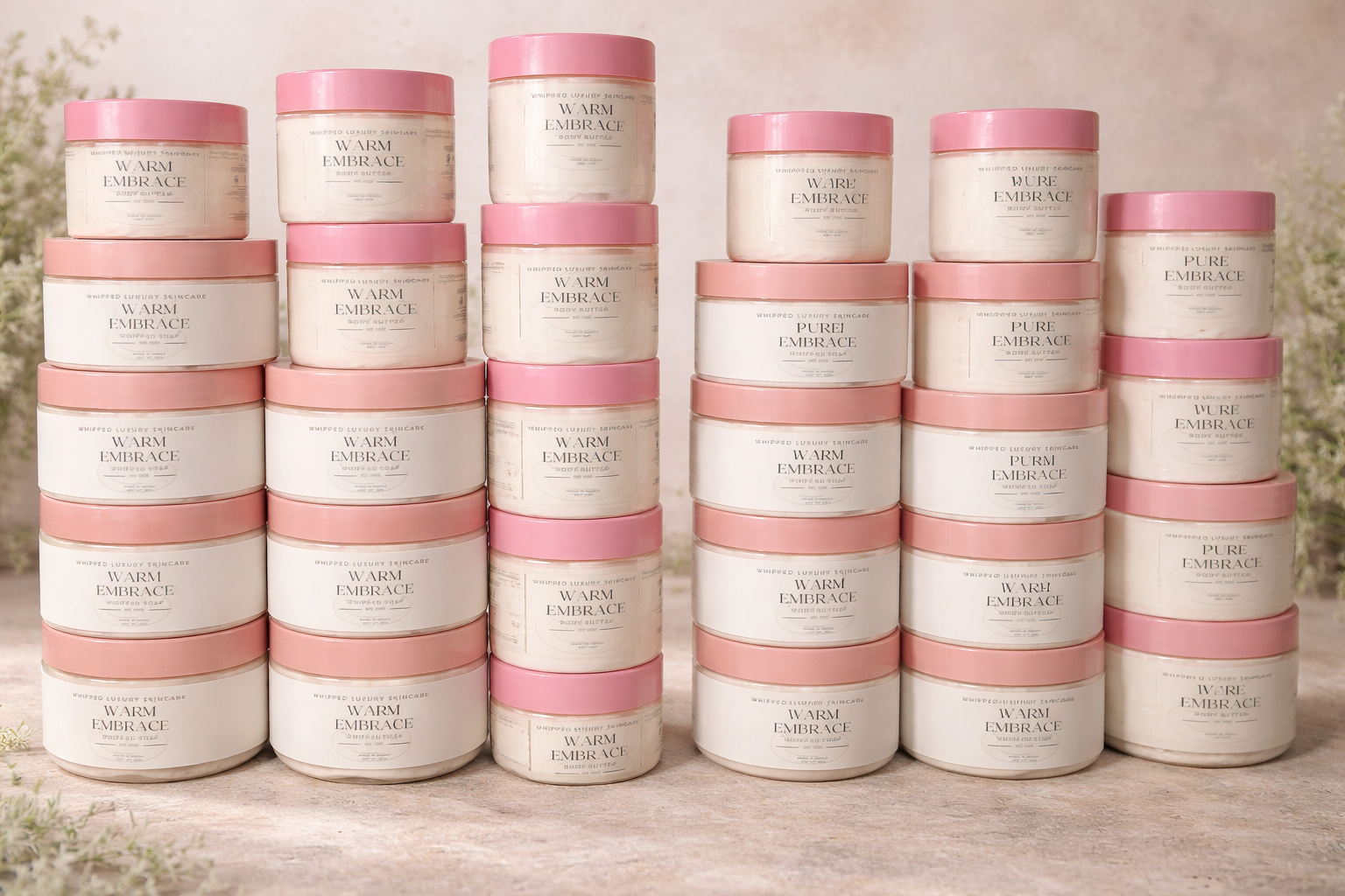 Multiple containers of skincare or body butter products with pink lids and white labels, stacked in a pyramid formation on a wooden surface with a blurred natural background.