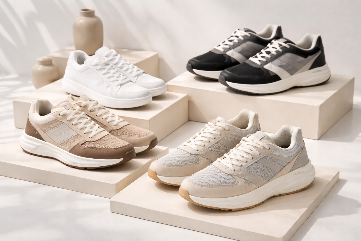 Four pairs of sneakers in neutral colors displayed on tiered platforms with beige vases in the background.