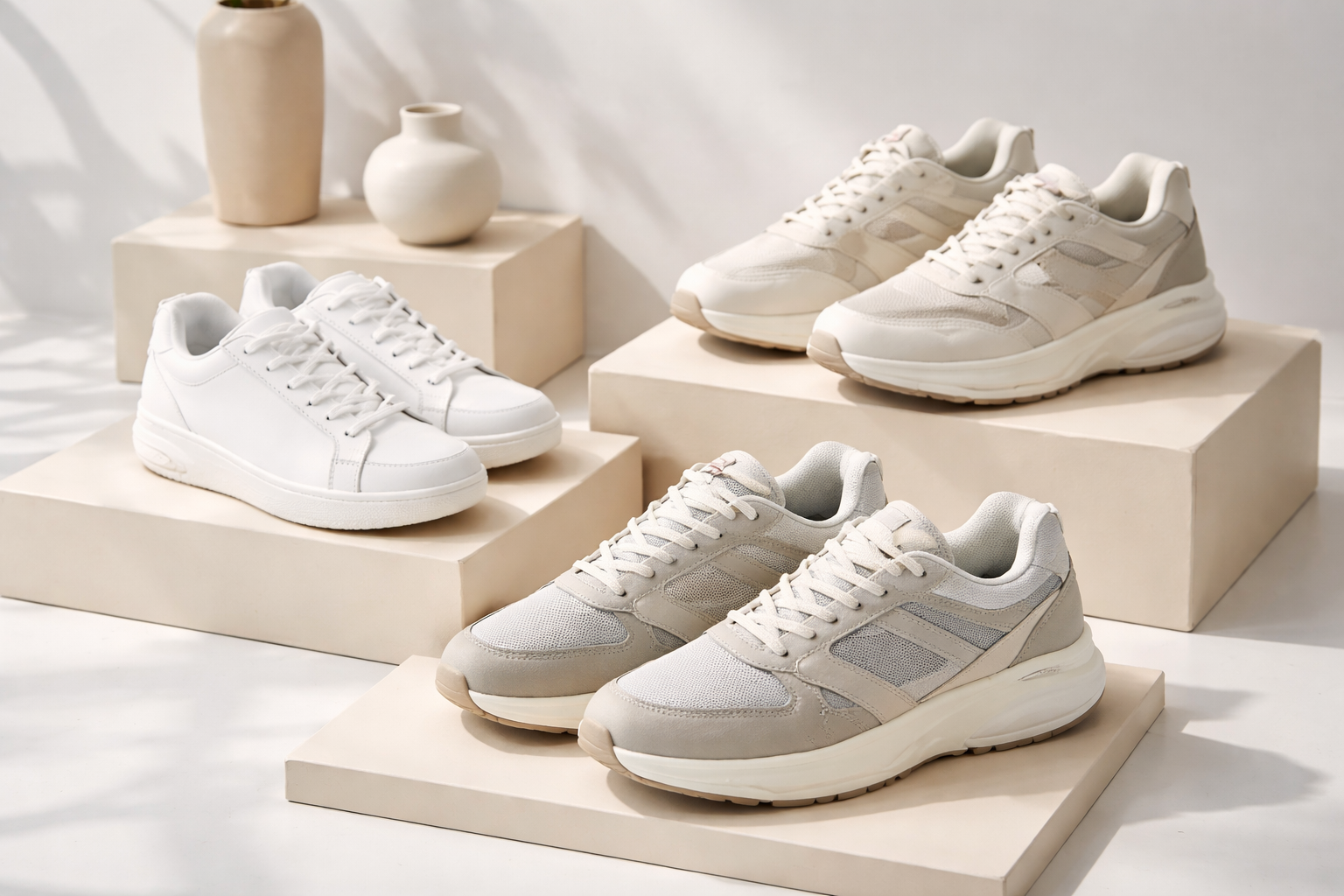 Display of three pairs of sneakers on beige platforms, with white and light grey color schemes, in a minimalistic setting with decorative vases in the background.