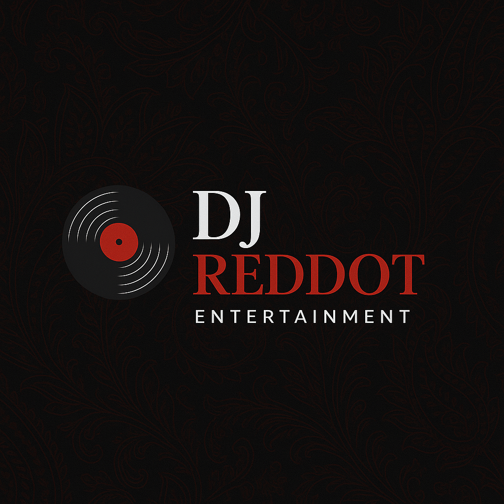 DJ RedDot Entertainment logo with a black background and a vinyl record icon