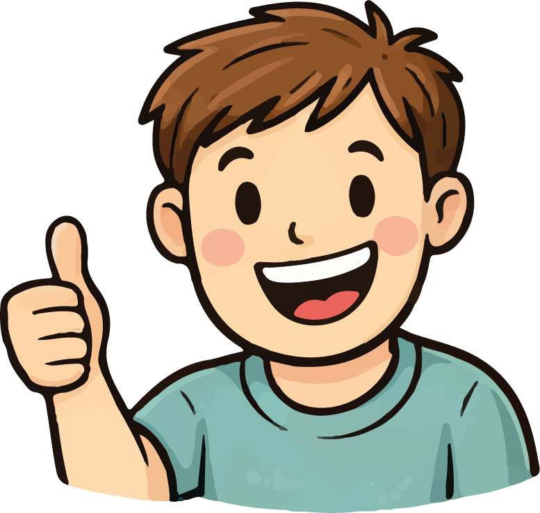 A cartoon boy with brown hair giving a thumbs-up gesture and smiling.