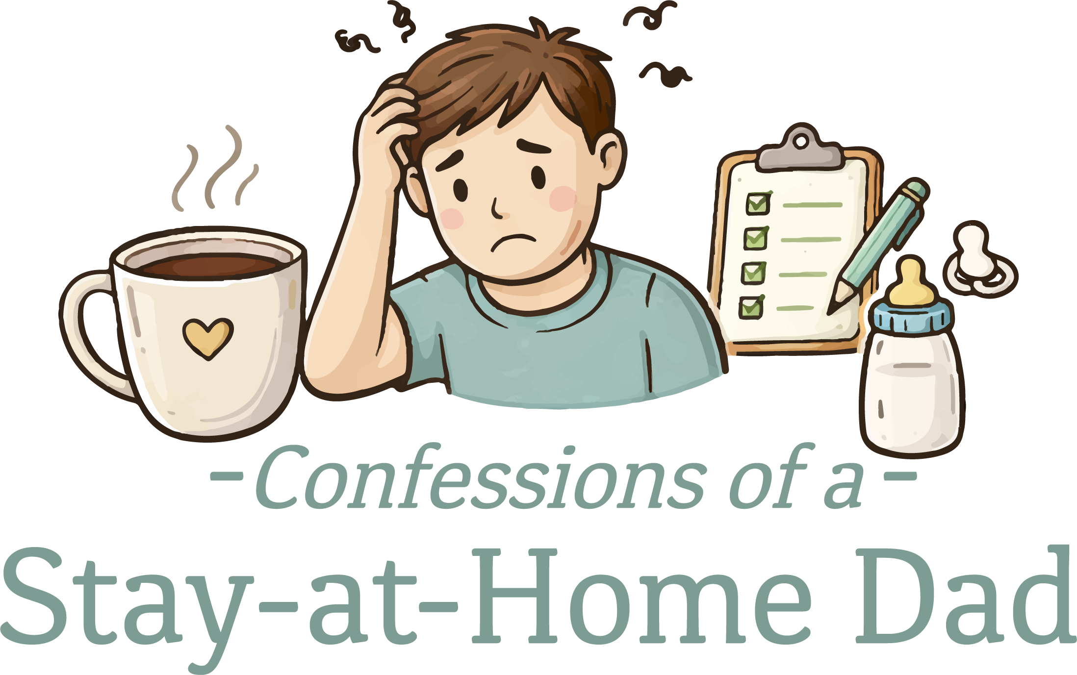 A person sitting at a table with a worried expression, holding their head, next to a mug, a checklist on a clipboard, a baby bottle with a pacifier, and a baby pacifier.