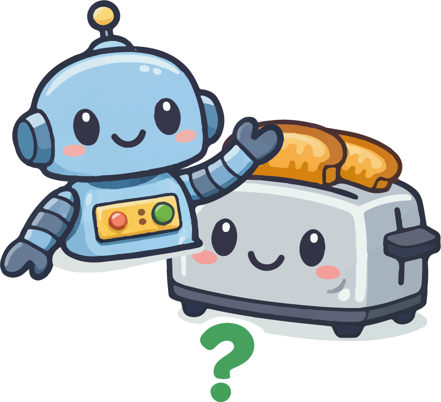 Cute cartoon robot with a smiling face raising its hand next to a happy toaster with two toasted bread slices on top.