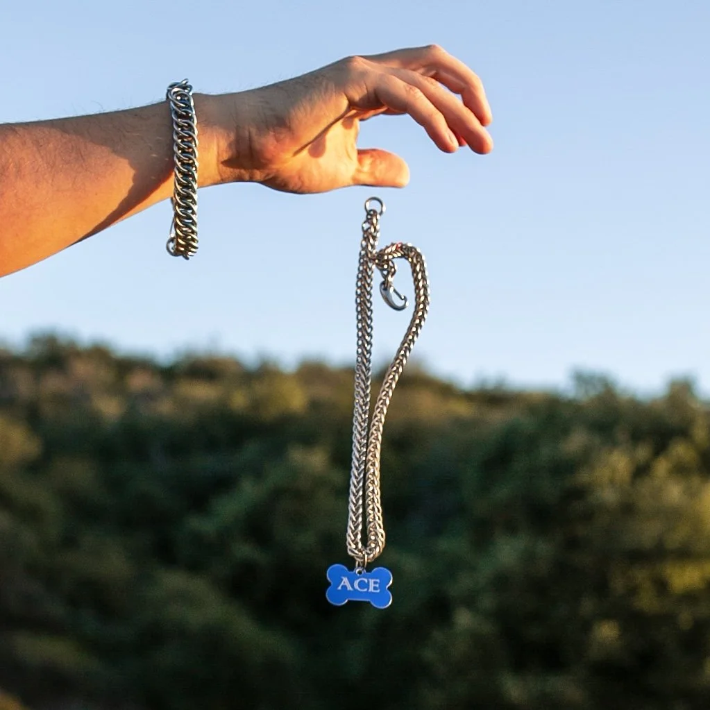 A person's hand holding a silver chain necklace with a blue tag engraved with the name 'ACE' against a background of trees and clear sky.