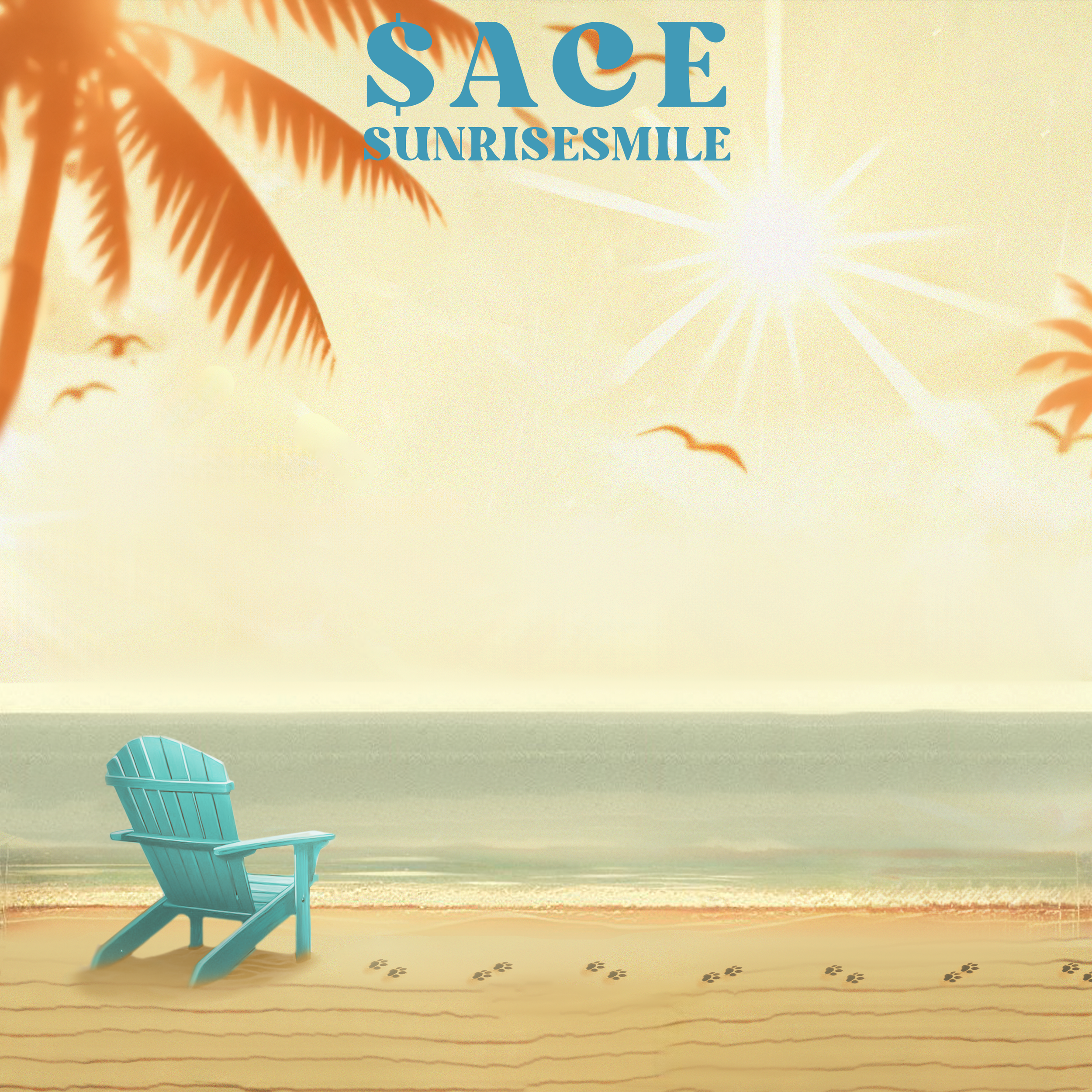 A tropical beach scene with a blue Adirondack chair on the sand, footprints leading to the water, palm tree leaves on the top left, seagulls flying, bright sun shining in a clear sky, and the words '$ACE SUNRISESMILE' at the top.