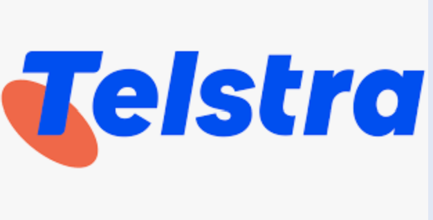 Telstra logo with an orange oval shape behind the blue text.