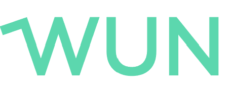 The word 'WUN' in large, mint green letters on a white background.