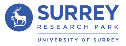 Surrey Research Park logo with a blue circle containing a white stag, and the words 'Surrey Research Park' and 'University of Surrey'.
