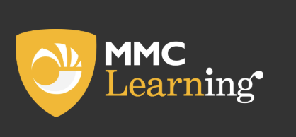 MMC Learning logo with a gold shield and stylized smiling face, and white and gold text on a dark background