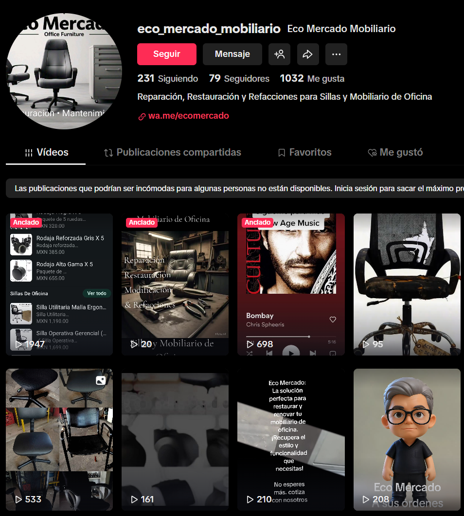 Captura de pantalla de una página de perfil de TikTok llamada eco_mercado_mobiliario, dedicada a la reparación, restauración y refacciones de sillas y muebles de oficina. Incluye videos que muestran diferentes tipos de sillas y productos relacionados con muebles de oficina.