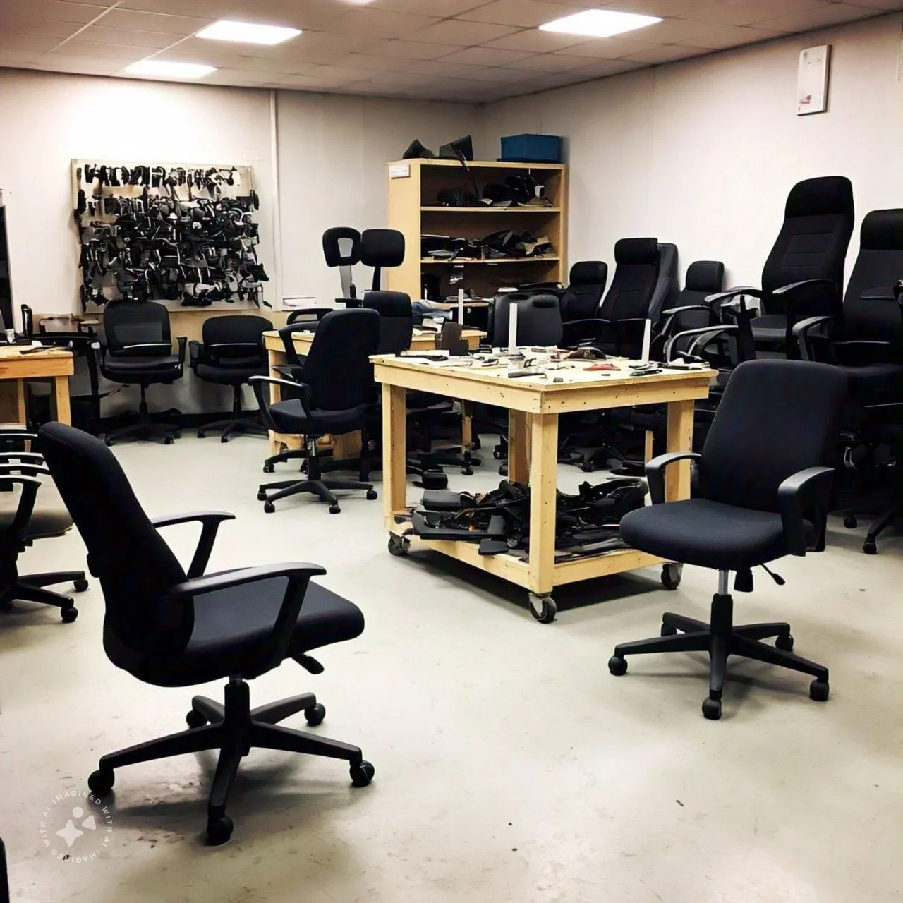Sala de oficina con varias sillas de oficina negras, mesas de madera, estanterías con partes de sillas y herramientas, y equipo para reparación en un entorno de taller.