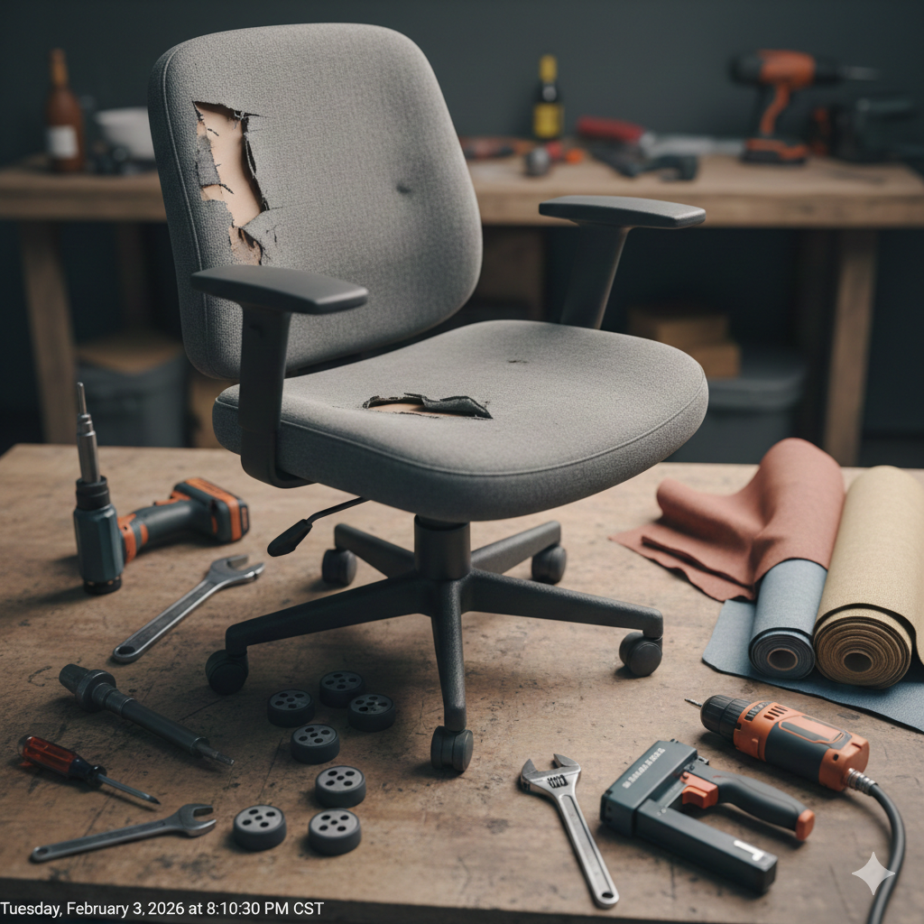 Silla de oficina rota en un taller con herramientas y telas a su alrededor.