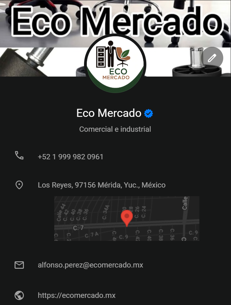 Perfil de redes sociales de Eco Mercado, una empresa comercial e industrial, con logo que incluye un representante de negocios, una silla y una hoja, localizada en Mérida, Yucatán, México.