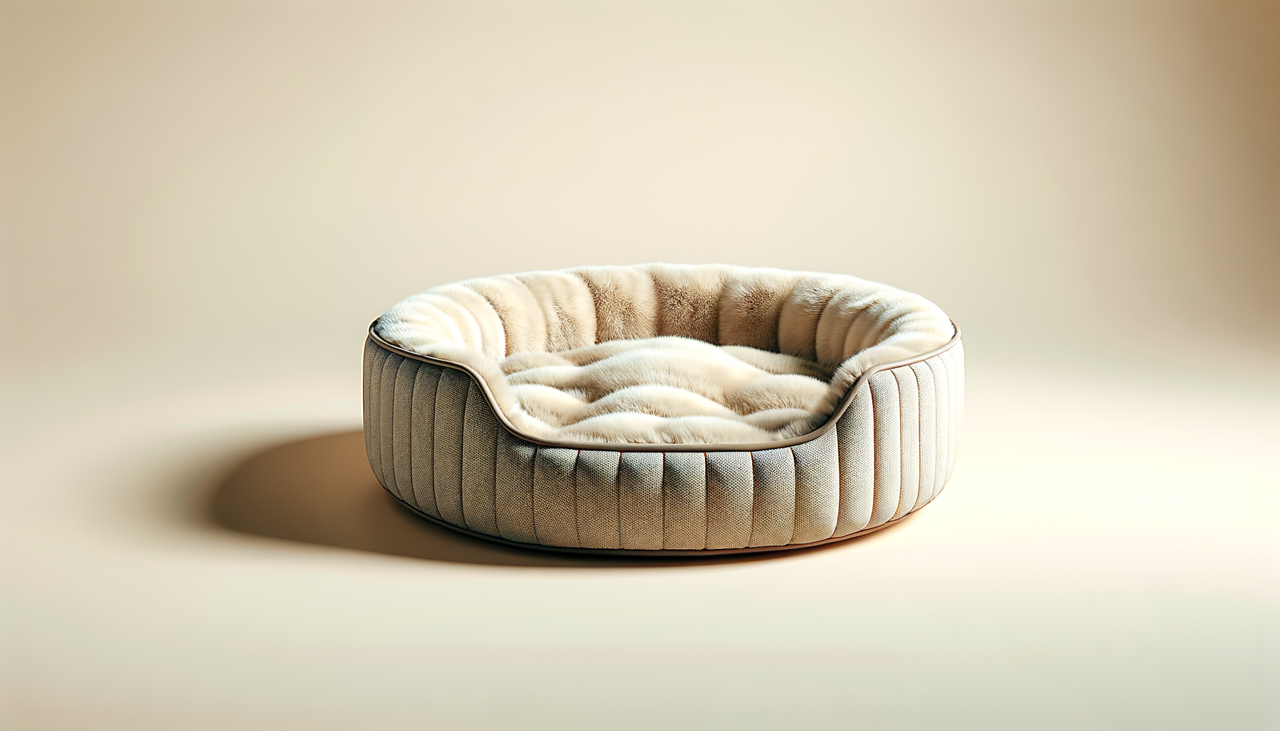 Round pet bed with plush, cream-colored interior and textured, beige exterior, placed on a plain light background.