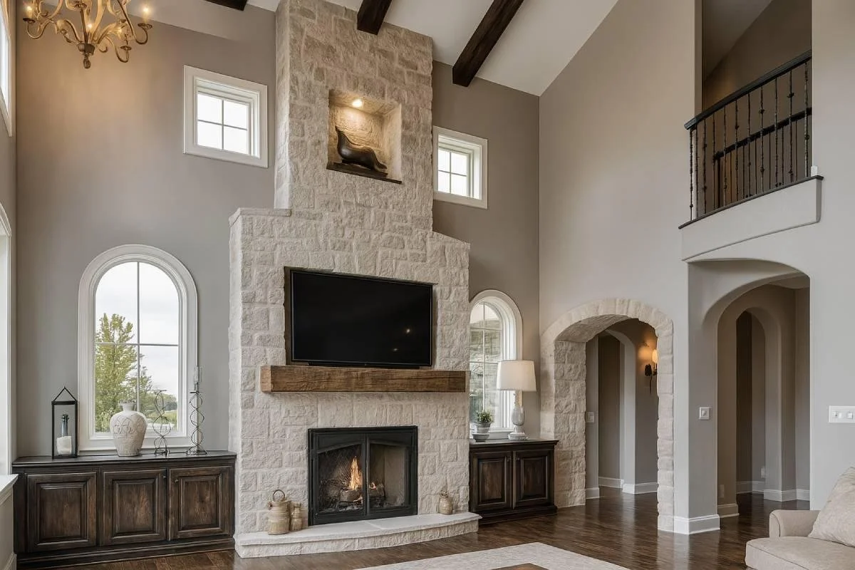 Living room with a stone fireplace, a mounted television, two small windows, a wooden mantel, and a chandelier. There are cabinets under the windows, and decorative items on the cabinets and fireplace.