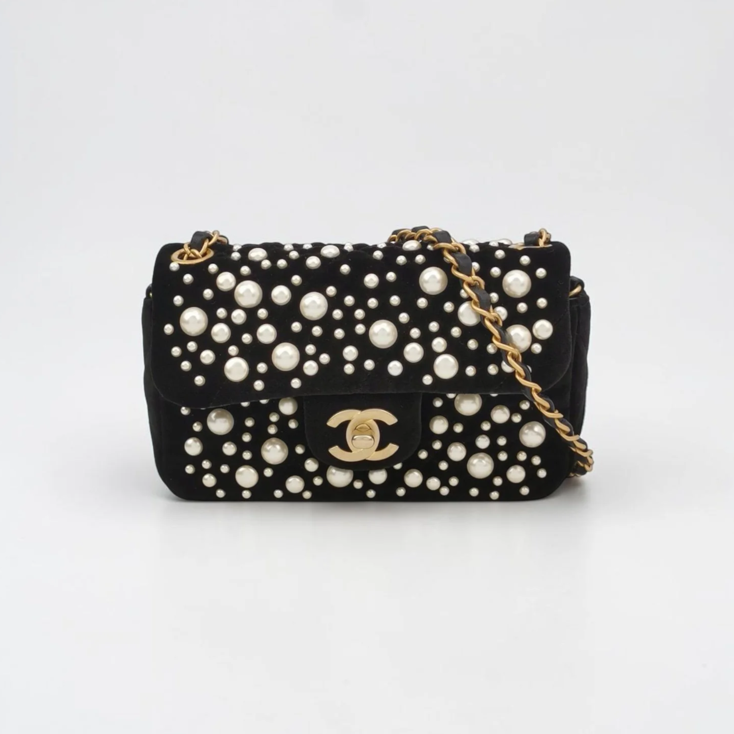Chanel All-Over Pearl Embellished Velvet Flap