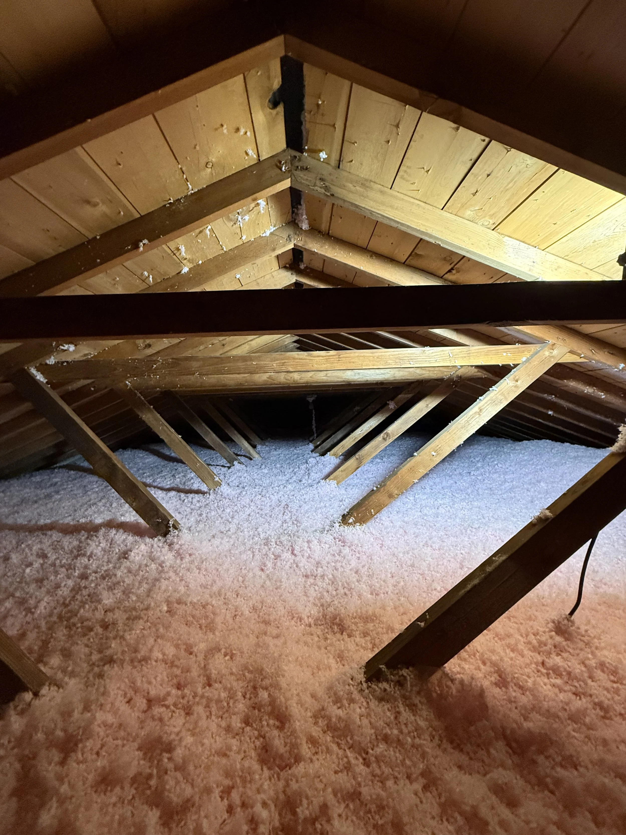 Attic with wooden beams, insulation, and ladders on the floor.