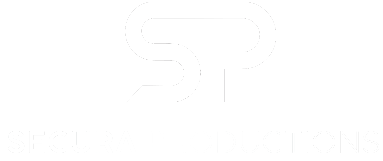 Black background with a white logo featuring the letters S and P interconnected, and the text 'SEGURO PRODUCTIONS' in white capital letters underneath.