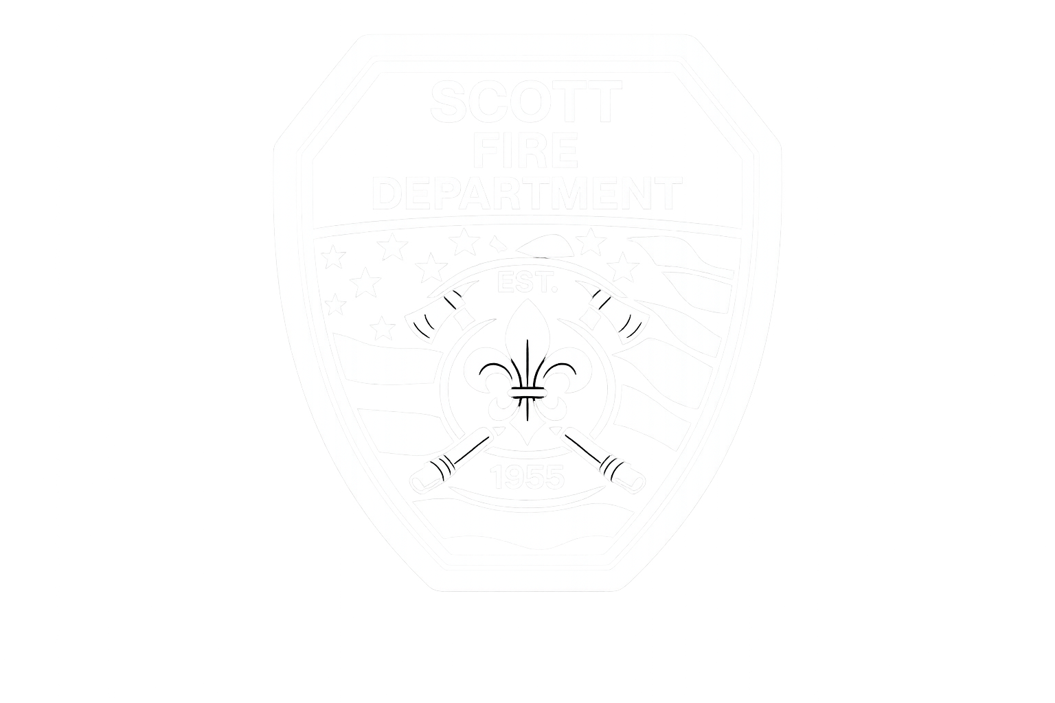 Shield-shaped badge with 'Scott Fire Department' text, American flag in background, fire axes crossing, and a fleur-de-lis symbol, along with 'EST. 1955' at the bottom.