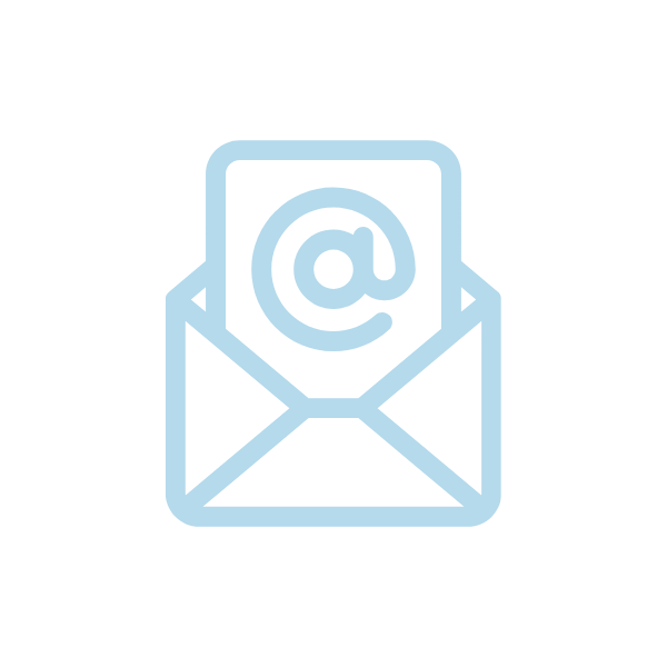 A light blue outline of an envelope with an email icon and at symbol inside, on a black background.
