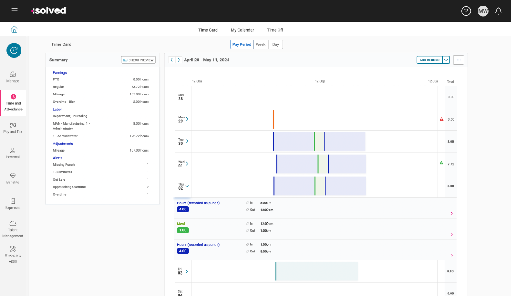Screenshot of a time tracking software dashboard showing a weekly time card with work hours, breaks, and overtime details for April 28 to May 11, 2024.