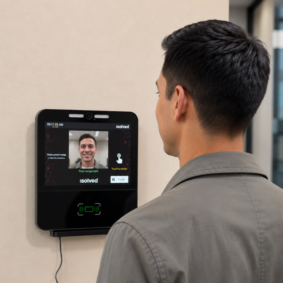 A man using a facial recognition device with a screen displaying his face, on a beige wall in an indoor setting.